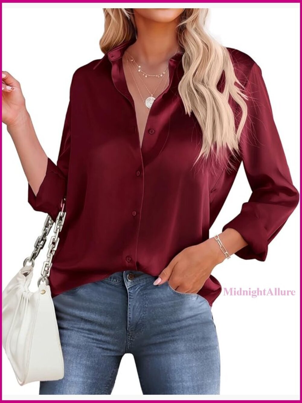 Satin Silk Button Down Blouse Long Sleeve Loose Fit Office Casual Top